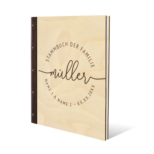 Stammbuch Gravur individuell Birkensperrholz Cover mit Echtleder Rücken inkl. vorgedruckte Seiten und Klarsichthüllen DIN A4 (240 x 310 mm) - Lebenslinie von Kartenmachen.de