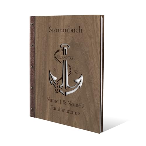 Stammbuch Gravur individuell Okoume Holz Cover lasergeschnitten mit Echtleder Rücken und Extras DIN A4 (240 x 310 mm) - Anker von Kartenmachen.de