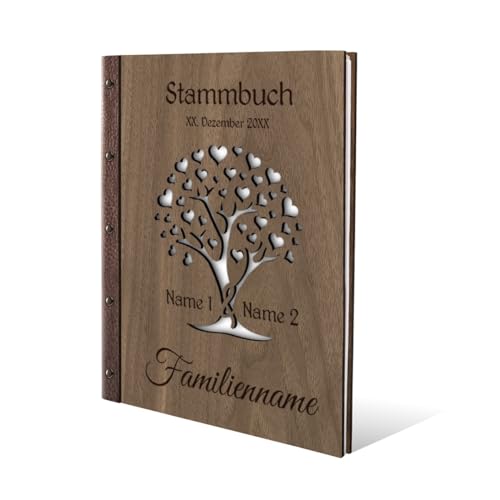 Stammbuch der Familie Holz mit Echtleder Rücken Gravur individuell mit Extras DIN A4 Nussbaum Amerikanisch - Herzbaum von Kartenmachen.de