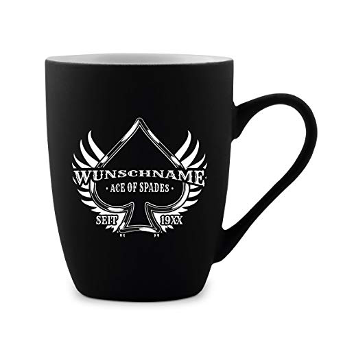 Tasse 300ml Keramik gummiert Teetasse Kaffeetasse individuell Gravur Schwarz - Ace of Spades von Kartenmachen.de