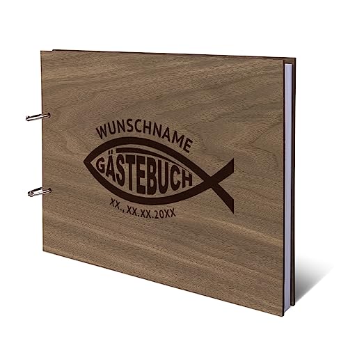 Taufe Konfirmation Kommunion Gästebuch Nussbaum Holzcover mit individueller Gravur inkl. 72 Naturpapier Blätter DIN A4 quer 302 x 215 mm - Jesus Fisch Taufe Konfirmation Kommunion Gästebuch Nussbaum Holzcover mit individueller Gravur inkl. 72 Naturpapier Blätter DIN A4 quer 302 x 215 mm - Jesus Fisch von Kartenmachen.de