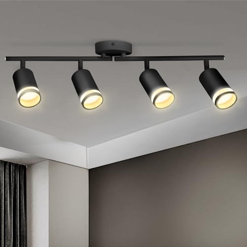 Karyoosi Deckenstrahler 4 Flammig, LED Deckenleuchte GU10, Deckenlampe Spot Schwenkbar 350° Deckenstrahler, für Wohnzimmer Schlafzimmer Küche, Nein GU10 Leuchtmittel, Schwarz Matt von Karyoosi