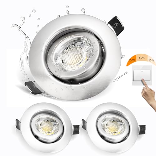 Karyoosi LED Einbaustrahler 230v, LED Spot 6500K Kaltweiß, Deckenleuchte 7W 600LM Ersetzt 70W Halogen Spot, 3 Stufen Dimmbar Einbauleuchten Flach, IP44 Deckenspots Schwenkbar, Gebürstetes Nickel, 3er von Karyoosi