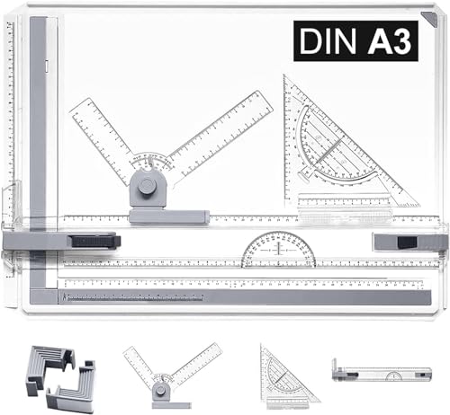 A3 Zeichenbrett Professioneller DIN A3 geo-Board zeichenplatte mit Schnell-Zeichendreieck, Parallel-Zeichenschiene, Winkel Einstellbar ür das Professionell Office Arbeiten Studenten Studium, A3 von Kasadin