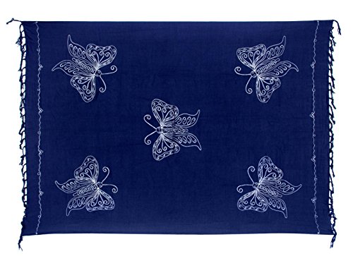 Kascha Sarong Pareo Wickelrock Strandtuch Tuch Wickeltuch Handtuch - Blickdicht - ca. 170cm x 110cm - Blau mit Schmetterling Stickerei Handgefertigt inkl. Kokos Schnalle in Schmetterlingform von Kascha