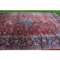 Antiker Großer Teppich Oushak Extra Groß Königsteppich Designer Roter Palastteppich Hausdeko Größe 300x460 cm von KashanCarpets