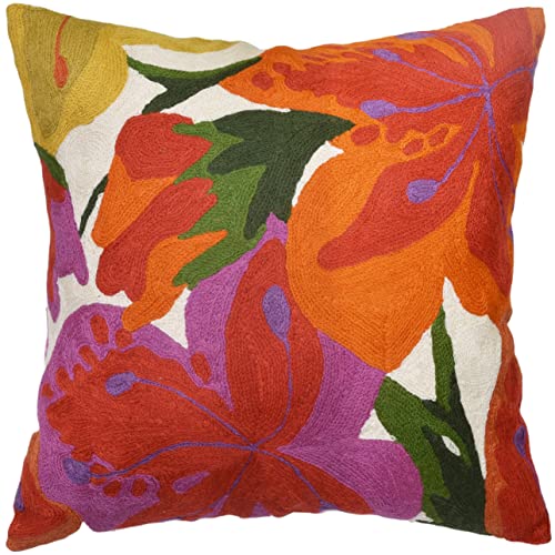 Kashmir Designs Kissenbezug mit Blumenmuster, florales Outdoor-Kissen, Suzani-Akzent-Kissenbezug, Blumen-Akzentkissen, Stuhlkissen, handbesticktes Kissen, Wolle, Größe 45,7 x 45,7 cm von Kashmir Designs