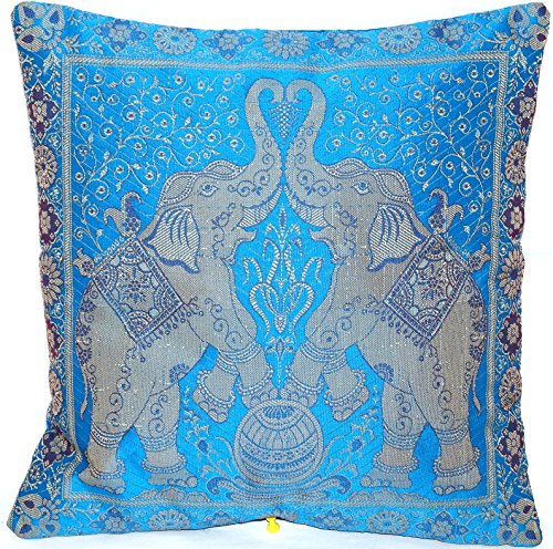 Blau Indische Banarasi Seide Deko Kissenbezüge 40 cm x 40 cm, Extravaganten Elefant Design für Sofa & Bett Dekokissen, Kissenhülle aus Indien. Angebot gültig solange der Vorrat reicht von Kashmir Handicrafts