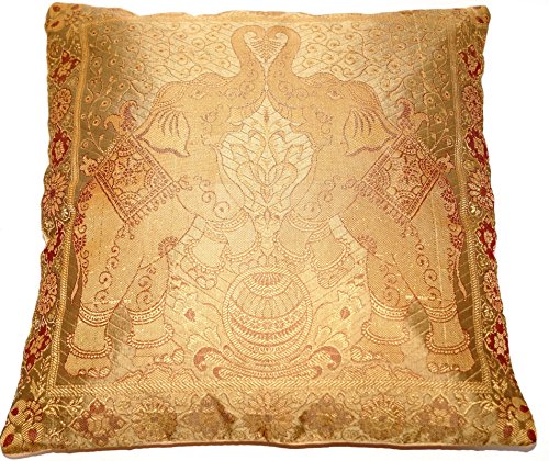 Golden Indische Banarasi Seide Deko Kissenbezüge 40 cm x 40 cm, Extravaganten Elefant Design für Sofa & Bett Dekokissen, Kissenhülle aus Indien. Angebot gültig solange der Vorrat reicht von Kashmir Handicrafts