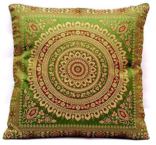 Kashmir Handicrafts Indische Banarasi Seide froschgrün Deko Kissenbezüge 40 cm x 40 cm, Extravaganten Design für Sofa & Bett Dekokissen, Kissenhülle aus Indien (Angebot gültig nur für EIN Woche) von Kashmir Handicrafts