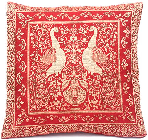 Kashmir Handicrafts ***Rot*** Indische Seide Deko Kissenbezüge 40 cm x 40 cm, Extravaganten PFAU Design für Sofa & Bett Dekokissen, Kissenhülle aus Indien. Angebot gültig Solange der Vorrat reicht von Kashmir Handicrafts