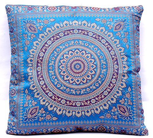 Kashmir Handicrafts Indische Banarasi Seide Blau Deko Kissenbezüge 40 cm x 40 cm, Extravaganten Design für Sofa & Bett Dekokissen, Kissenhülle aus Indien (Angebot gültig nur für EIN Woche) von Kashmir Handicrafts