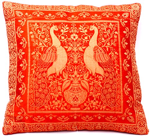 Kashmir Handicrafts Indische Banarasi Seide Deko Kissenbezüge 40 cm x 40 cm, Extravaganten Pfau Design für Sofa & Bett Dekokissen, Kissenhülle aus Indien PB-34/14/15 von Kashmir Handicrafts