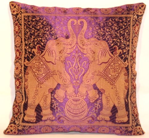 ***Lila*** Indische Banarasi Seide Deko Kissenbezüge 40 cm x 40 cm, Extravaganten Elefant Design für Sofa & Bett Dekokissen, Kissenhülle aus Indien (Angebot gültig nur für ein Woche) von Kashmir Handicrafts