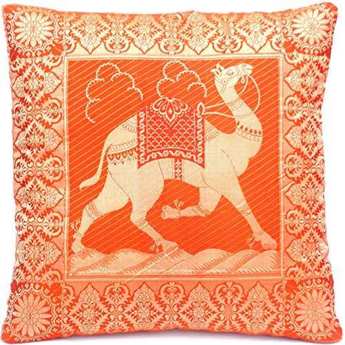 ***ORANGE*** Indische Seide Deko Kissenbezüge 40 cm x 40 cm, Extravaganten Kamel Design für Sofa & Bett Dekokissen, Kissenhülle aus Indien. Angebot gültig solange der Vorrat reicht von Kashmir Handicrafts