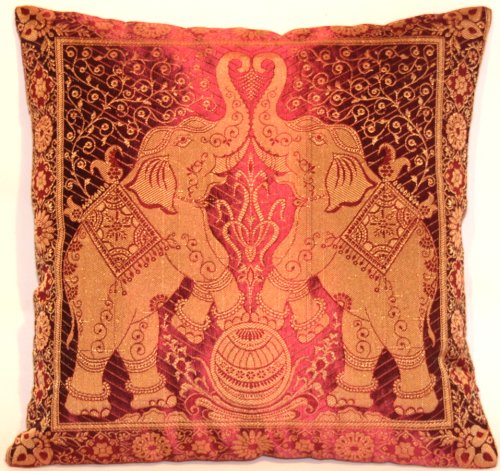Rani/Rosa Indische Banarasi Seide Deko Kissenbezüge 40 cm x 40 cm, Extravaganten Elefant Design für Sofa & Bett Dekokissen, Kissenhülle aus Indien (Angebot gültig nur für ein Woche) von Kashmir Handicrafts