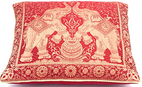 Rot & Golden Indische Seide Deko Kissenbezüge mit Umrandung - 40 cm x 40 cm, Extravaganten ELEFANTEN Design für Wohnzimmer und Schlafzimmer Dekor, Kissenhülle aus Indien. Angebot gültig solange der Vorrat reicht von Kashmir Handicrafts