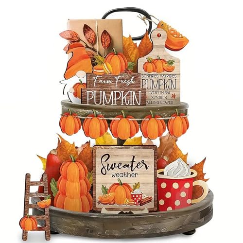 Herbst Tablett Dekor Abgestuftes Rustikales Bauernhaus Tablett Dekor Kürbis Holzschilder Truthahn Tisch Tafelaufsätze Herbst Holzperlengirlande Herbsternte Holzblöcke für Thanksgiving Home (G) von Kashyke