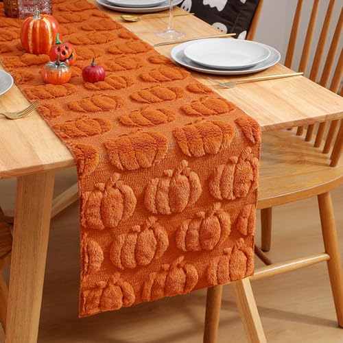 Kashyke Tischläufer Herbst Kürbis,Weich Plüsch Samt Faux Pelz Jacquard Kürbisse Tischläufer Herbstlich,Modern Herbst Küche Tisch Dekoration Innen Urlaub Party Fall Dekor Aesthetic (Braun, 33 * 233cm) von Kashyke