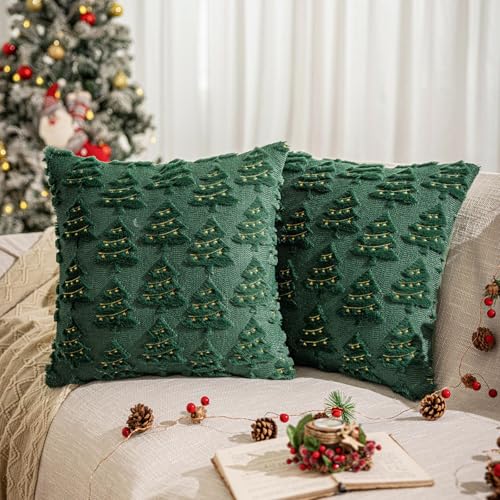 Kissenbezug Weihnachten 45x45cm,2er Set Weihnachtskissenbezug Kissenhülle Weihnachten,Weihnachts Kissenbezüge Weihnachtsdeko Winter Deko Innen Christmas Decorations Aesthetic (Grün-Tannenbaum-2) von Kashyke
