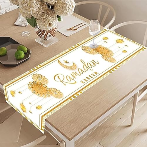 Ramadan Tischdecke Tischdeko Ramadan Tischläufer Islamische Dekoration Mubarek Tischdekoration Muslimische Ramadan Deko Tischdecke Eid Mubarak Dekoration Ramadan Table Runner (Beige & Gold-3) von Kashyke