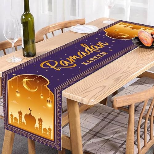 Ramadan Tischdecke Tischdeko Ramadan Tischläufer Islamische Dekoration Mubarek Tischdekoration Muslimische Ramadan Deko Tischdecke Eid Mubarak Dekoration Ramadan Table Runner (Lila & Gold-2) von Kashyke