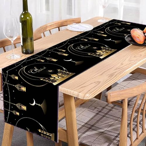 Ramadan Tischdecke Tischdeko Ramadan Tischläufer Islamische Dekoration Mubarek Tischdekoration Muslimische Ramadan Deko Tischdecke Eid Mubarak Dekoration Ramadan Table Runner (Schwarz & Gold-2) von Kashyke