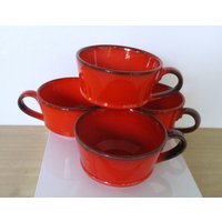 Vintage Metlox Poppytraial Keramik Kaffee-, Teebecher, 4Er-Set Mohnorangen-Kaffeetassen von KasiasVintageFinds
