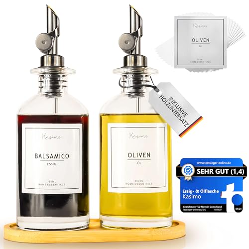 Kasimo Ölflasche Essig & Ölflaschen Set – 2x 350ml mit Ausgießer, Ölspender zum Befüllen, Olivenöl Flasche aus Glas, Öl Flaschen für die Küche, Essigspender mit Dosierer, Spender für Sirup von Kasimo