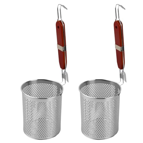 2 Stück Mikroperforiertes Edelstahl Nudelsieb, 12 cm Nudelkorb mit Holzgriff, Pasta Abseihlöffel, Tiefes Küchensieb für Knödel, Spaghetti, Obst, Knödel, Lebensmittel von Kaslaider
