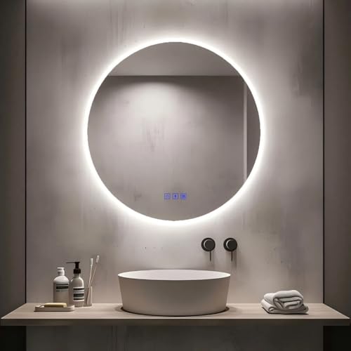 Kasloglow Runder Spiegel mit Beleuchtung 70 cm – LED Spiegel Bad mit Bluetooth, Dimmbar, Warmweiß & Kaltweiß, Beschlagfrei, Touch-Schalter, Badezimmer Wandspiegel von Kasloglow