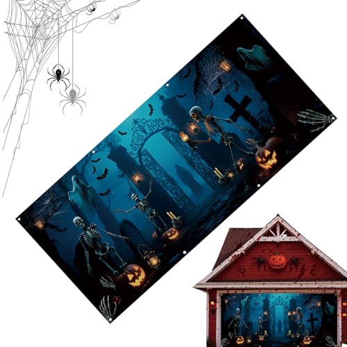 Dekoratives Banner für Garagentor, Halloween, Banner, Dekoration, Tor, Friedhof, Leinwand, 4 × 2 m, gruselige Dekoration für Party, Halloween, Außenbereich von Kasmole