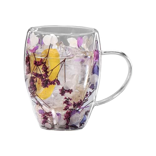 Getrocknete Blumen Glastasse | 350ml Ästhetische Teetasse aus Glas mit getrockneten Blumen Doppelwandige Kaffeetasse aus Glas Verbrühungshemmender Glasbecher - für Milch, Kaffee, Tee, Säfte von Kasmole