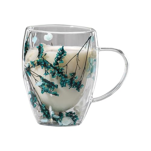 Getrocknete Blumen Glastasse | 350ml Ästhetische Teetasse aus Glas mit getrockneten Blumen Doppelwandige Kaffeetasse aus Glas Verbrühungshemmender Glasbecher - für Milch, Kaffee, Tee, Säfte von Kasmole