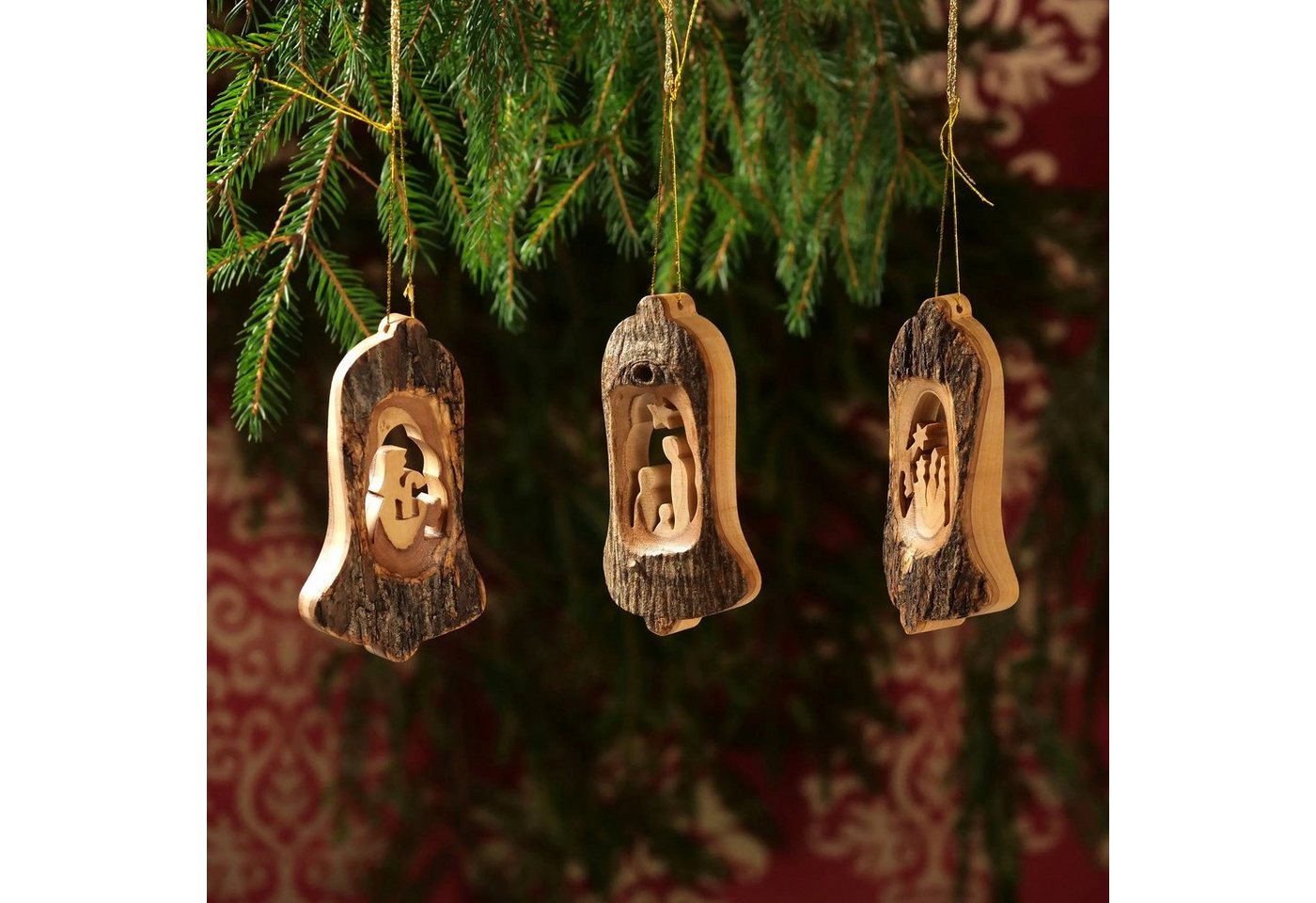 Kassis Dekoobjekt Weihnachtsdeko Baumschmuck Krippe in Glocke, handgemacht, umweltfreundlich, aus Bethlehem, Olivenholzdeko, mit Rinde von Kassis