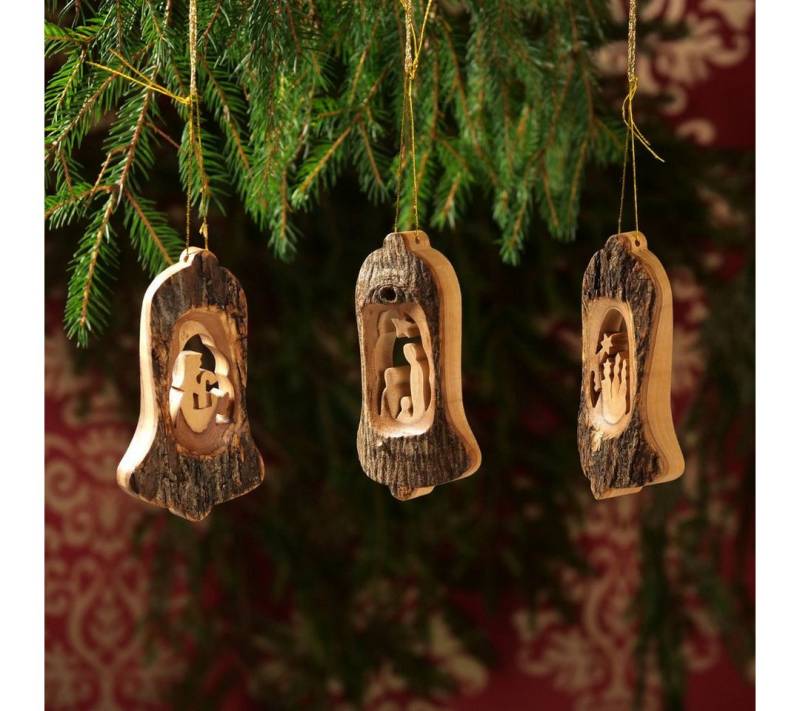 Kassis Dekoobjekt Weihnachtsdeko Baumschmuck Krippe in Glocke, handgemacht, umweltfreundlich, aus Bethlehem, Olivenholzdeko, mit Rinde von Kassis