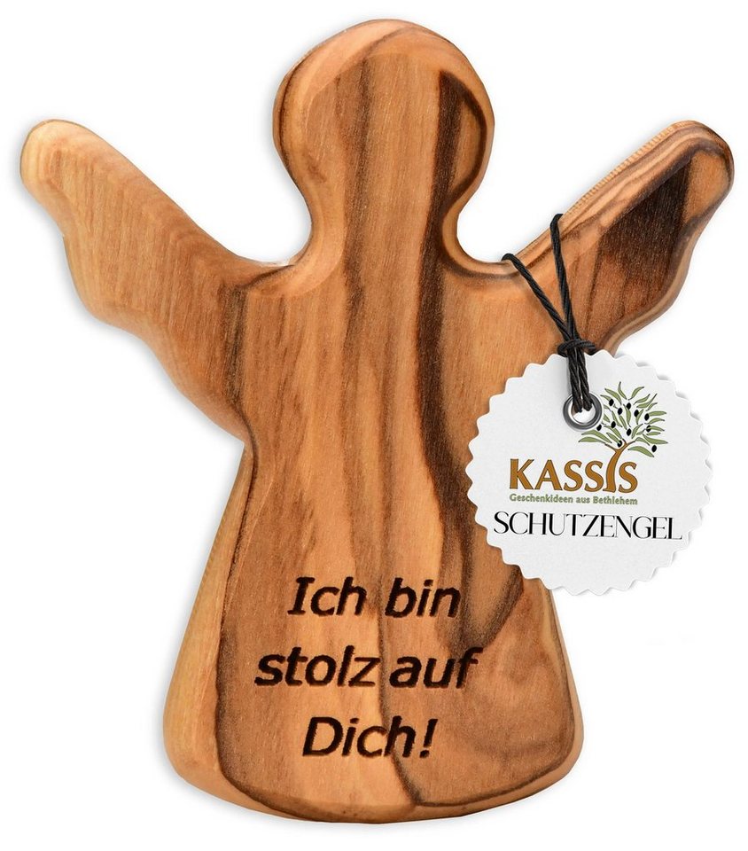 Kassis Engelfigur Schutzengel als Handschmeichler mit Spruch Ich bin stolz auf dich", Olivenholzdeko, handgemacht, aus Bethlehem, Glücksbringer" von Kassis