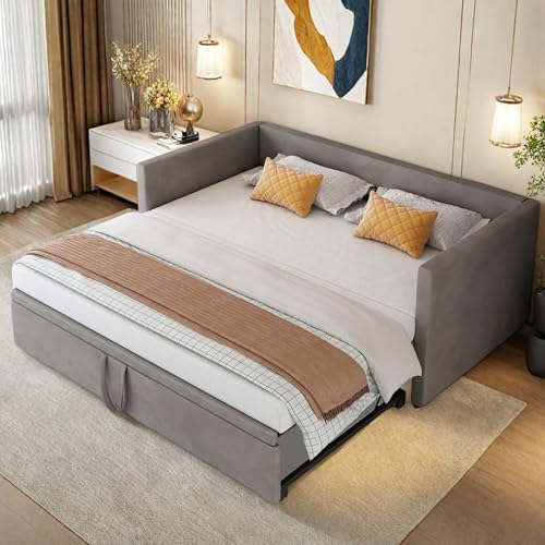KatFash 2-Sitzer-Sofa, zusammenklappbar, 2-in-1, multifunktional, ausziehbar 90/180 x 200 cm, Chaiselongue mit Schlaffunktion und Lattenrost, Bezug aus Samt, Grau von KatFash