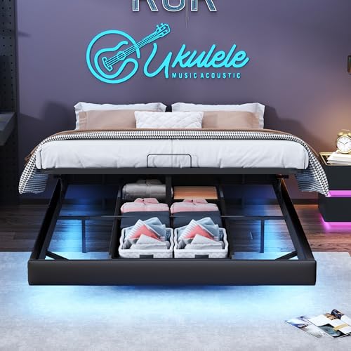KatFash Bett 160x200,Doppelbett Bettgestell mit LED Beleuchtung,Stauraumbett mit Lattenrost,Metallbett Floating Bed Frame,Aufbewahrungsbox Stauraum unter dem Bett,PU Schwarz von KatFash