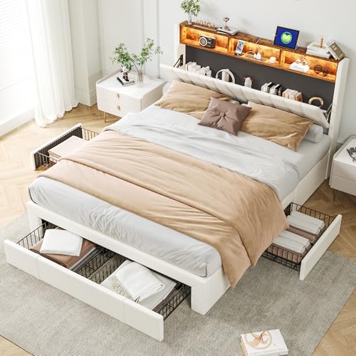 KatFash Polsterbett für Doppelbett, 160 x 200 cm, mit LED-Beleuchtung, 4 Schubladen und Kopfteil, 3 Aufbewahrungsfächer, USB, Doppelbett mit Lattenrost, Samt, Beige von KatFash