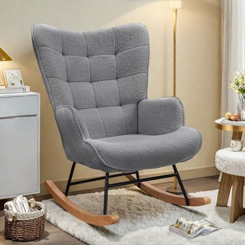 KatFash Schaukelstuhl,Relaxstuhl Stillstuhl Lesesessel Bequem Schaukelsessel,Gepolsterter SchaukelstüHle Sessel mit Holzkufen,Schaukelliege für Wohnzimmer Schlafzimmer Balkon(Dunkelgrau) von KatFash