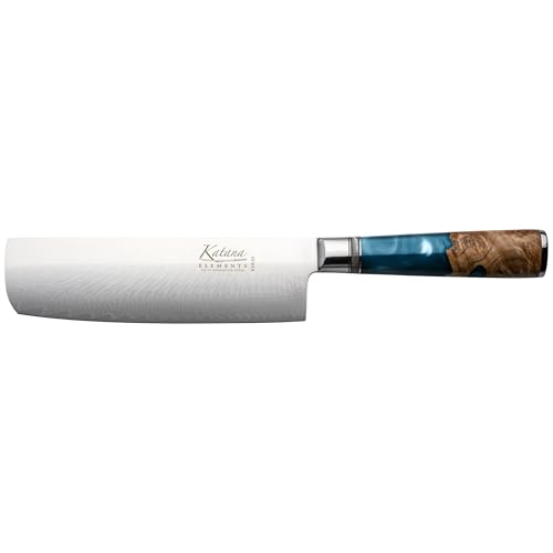 Katana Saya Elements 18 cm Nakirimesser, Ozeanblau – VG-10-Damaststahl mit hohem Kohlenstoffgehalt für extreme Robustheit und Schärfe – Griff aus natürlichem Olivenholz und Harz von Katana Saya