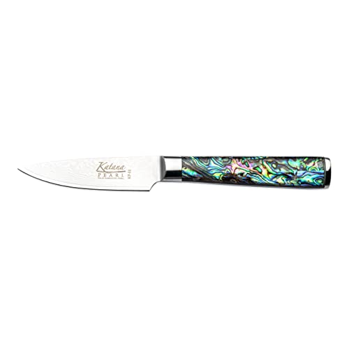 Katana Saya Pearl 9 cm Gemüsemesser – VG-10-Damaststahl mit hohem Kohlenstoffgehalt für extreme Robustheit und Schärfe – Acrylgriff mit Abalone-Muster Katana Saya Pearl 9 cm Gemüsemesser – VG-10-Damaststahl mit hohem Kohlenstoffgehalt für extreme Robustheit und Schärfe – Acrylgriff mit Abalone-Muster von Katana Saya