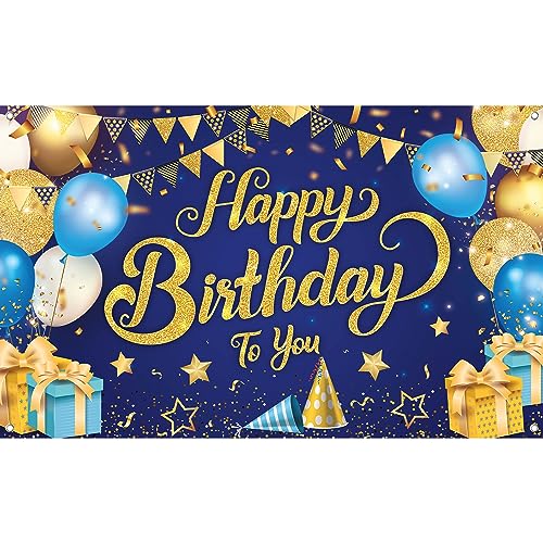 KatchOn Happy Birthday Banner - Extragroß 180x110 cm | Blau und Gold Hintergrund für Jungen | Geburtstagsdeko für Frauen, Geburtstagsbanner, Girlande von KatchOn