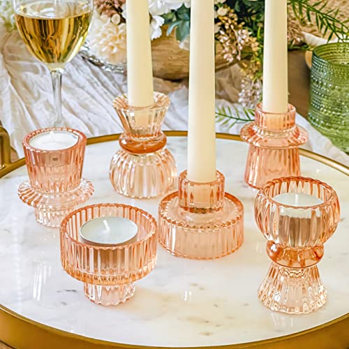Kate Aspen Kerzenhalter im Vintage-Stil, gerippt, Roségold, Pink, Glas, Stumpenkerzen, Teelichthalter, Votivkerzenhalter (6er-Set, 3 Größen), doppelseitig, Esstisch- und Regaldekoration, Tafelaufsatz von Kate Aspen