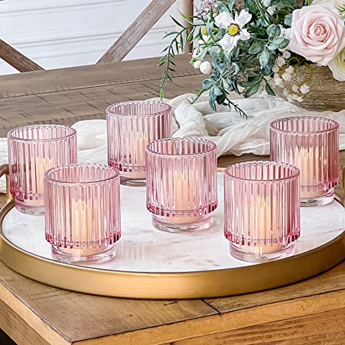 Kate Aspen Teelichthalter aus geripptem Glas, 6 Stück, rosa Dekor, Boho-Dekor, Regaldekoration, Roségold-Optik, perfektes Gastgebergeschenk von Kate Aspen