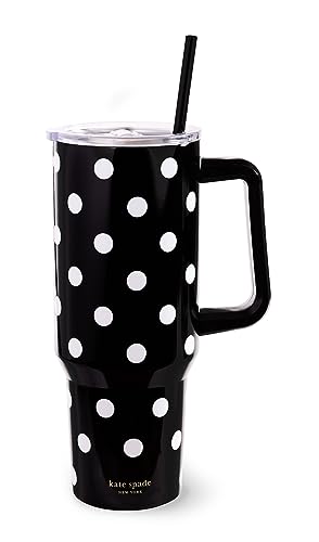 Kate Spade New York Becher mit Griff und Strohhalm, doppelwandig, Edelstahl, isoliert, Becherhalter, 1,2 l, schwarzer Metallbecher für heiße oder kalte Getränke, Bild Punkt von Kate Spade New York