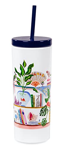 Kate Spade New York Isolierter Becher mit wiederverwendbarem Strohhalm, 590 ml, Acryl-Reisebecher mit Deckel, Bücherregal von Kate Spade New York