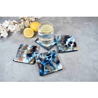 Drinks Untersetzer Mit Blau Gold Bronze Abstrakte Kunst | Resin-Tischset Vatertagsgeschenkideen von KateChestersArt
