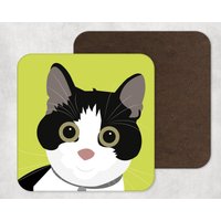 Illustrierte Kunst, Kunstwerk, Untersetzer, Katzen Druck, Schwarz Weiße Katze, Dekoration, Haustier Portrait von KatePearsonDesign